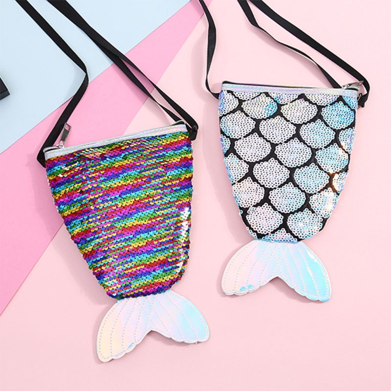 Sequins Hologram Fish Tail Coin Purse Mini Travel Crossbody Shoulder Bag for Women Girls