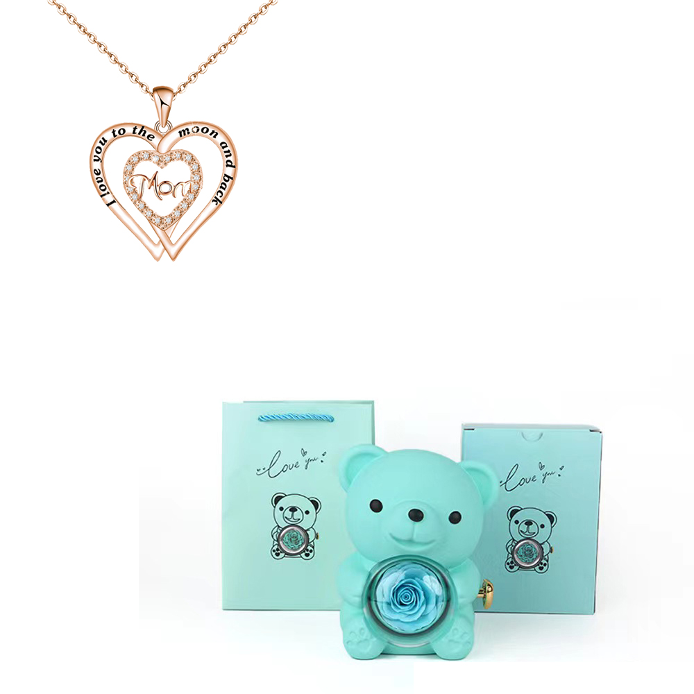 Collares con colgante de mamá de circón en forma de corazón con caja de de flor rosa de oso bonito adecuada para Navidad Día de la madre sorpresa romántica: PLATEADO