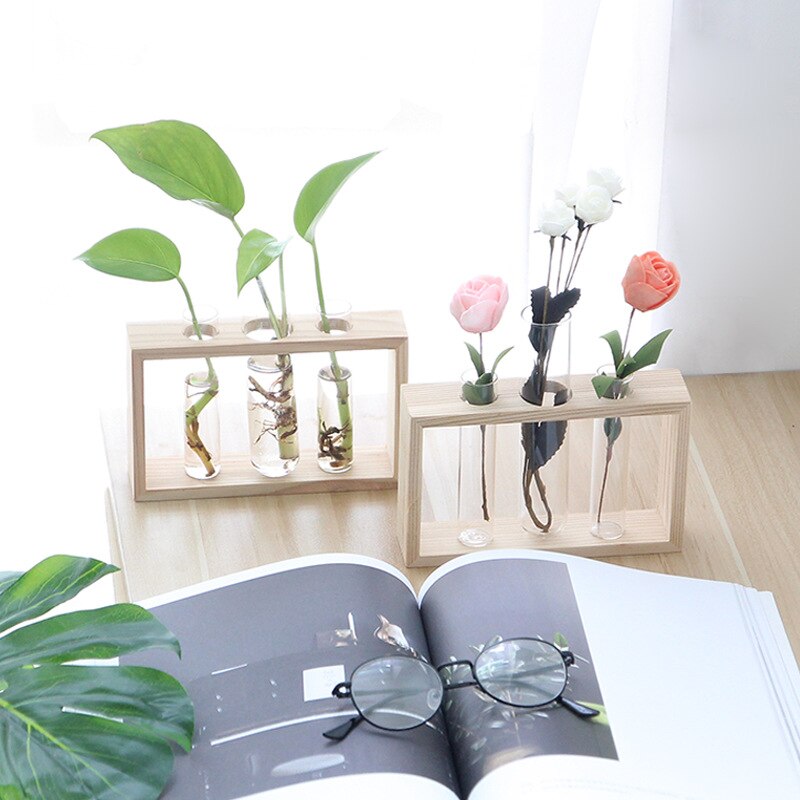 Dekorative Hydrokultur Pflanzen Kristall Glas Reagenzglas Vase in Holz Stand Boden Töpfe für Hydrokultur Pflanzen Heimat Garten Dekor