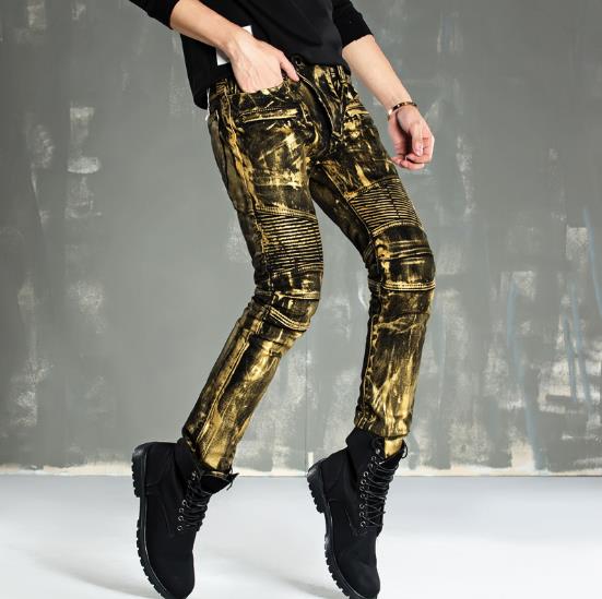 Pantalones estilo motero para hombre , vaqueros de motorista dorados y amarillos con revestimiento ostentoso, pantalones ajustados, pantalones de retales para hombre, vaqueros de talla grande para hombre