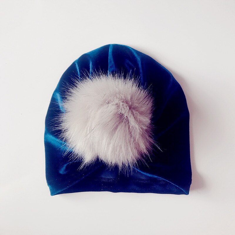 Baby turban hattar vår höst barn sammet mössor barn mössa pompom päls hatt varm flicka mössor: Marinblå