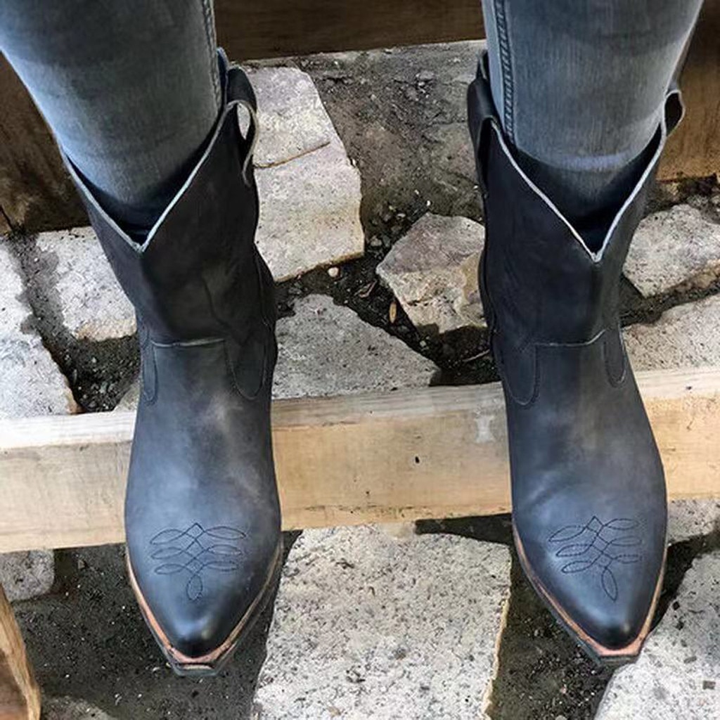 Vinterstøvler kvinner semsket skinn kalv imitert slip-on skinn støvler med rund tå dame lavhælte sko cowboy ridder boots #3