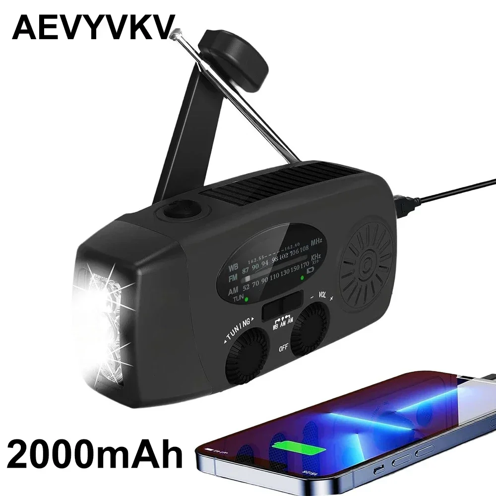Radio di emergenza a manovella solare USB (FM/ AM/ NOAA) WB Weather Radio con torcia elettrica Power Bank Radio nere Portatil Am Fm
