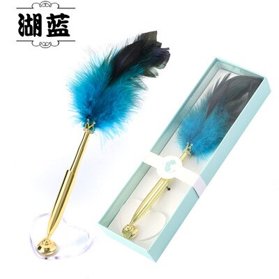 Pen Feather Quill Pen Ballpoint Pen Student Desk Pen With Pen Holder: Blue