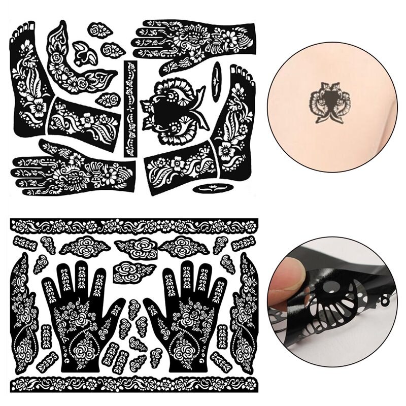 Plantillas de tatuajes de Henna, 1 hoja, plantillas de tatuaje para manos, pies, piernas y brazos, pintura corporal temporal