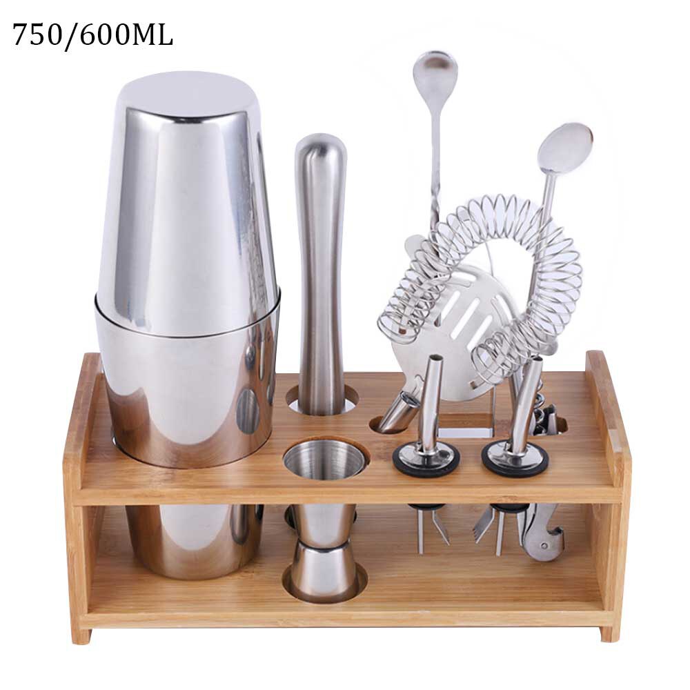Bar Shaker Cocktail Zubehör Barware Boston Trinken Für Bartender Set Jigger Werkzeuge Edelstahl Mixer 550/750ML Holz rack: Boston B 11 Pcs