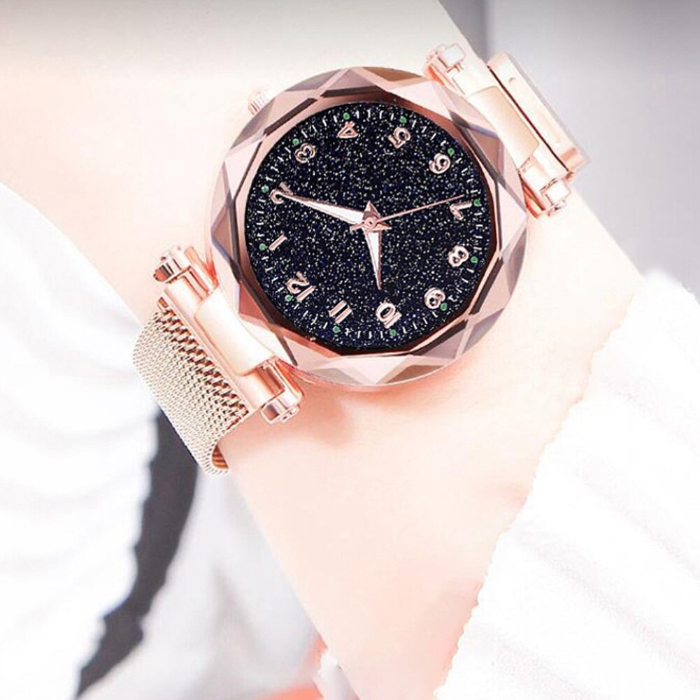 Women watch wild Starry Round Dial sky numeral Milan Magnetic Clasp Ladies Geometric Roman Numeral Quartz Analog Watch