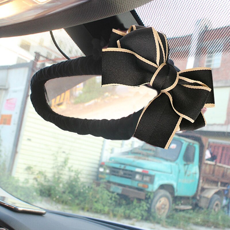 Sød diamant bowknot bil interiør spejl cover blød plys auto bakspejletaske dekoration tilbehør til kvinder og piger: Sort