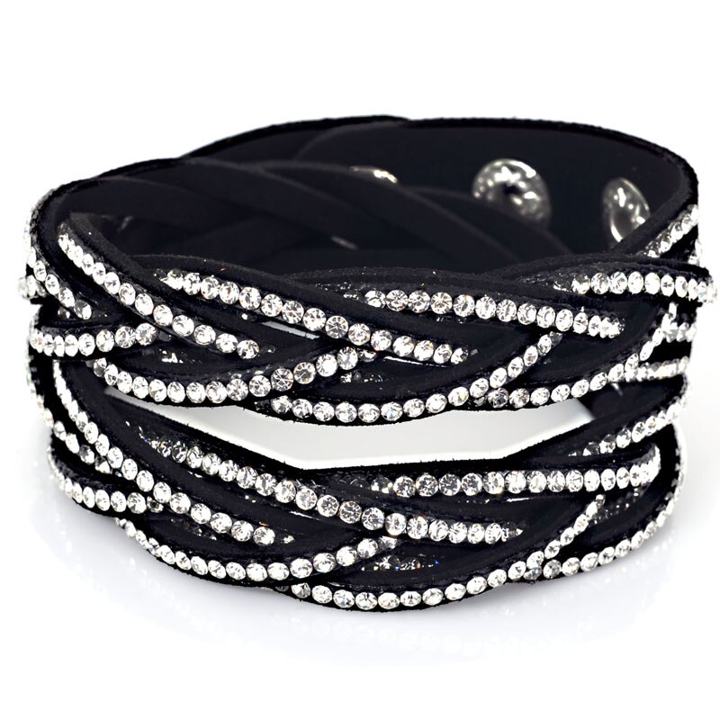 Miasol Trendy Crystal Wrap Steentjes Gevlochten Dubbele Wrap Leather Charm Armband Voor Vrouwen Meisje Armbanden