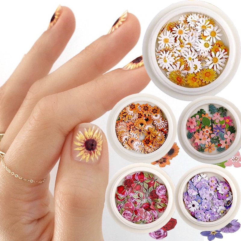50 Stks/doos Nail Art Kleur Gemengde Kleine Daisy Bloem Rose Ultra-Dunne Houtpulp Patch Diy Nail Art Sieraden nail Art Decoratie