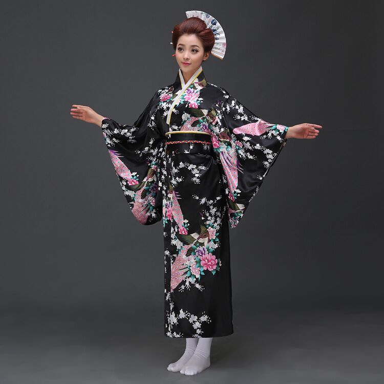 Rød vintage japanske damer kimono badekåpe kvinners faux silke yukata med obi ytelse dans kjole cosplay klær  h0029: Svart 1