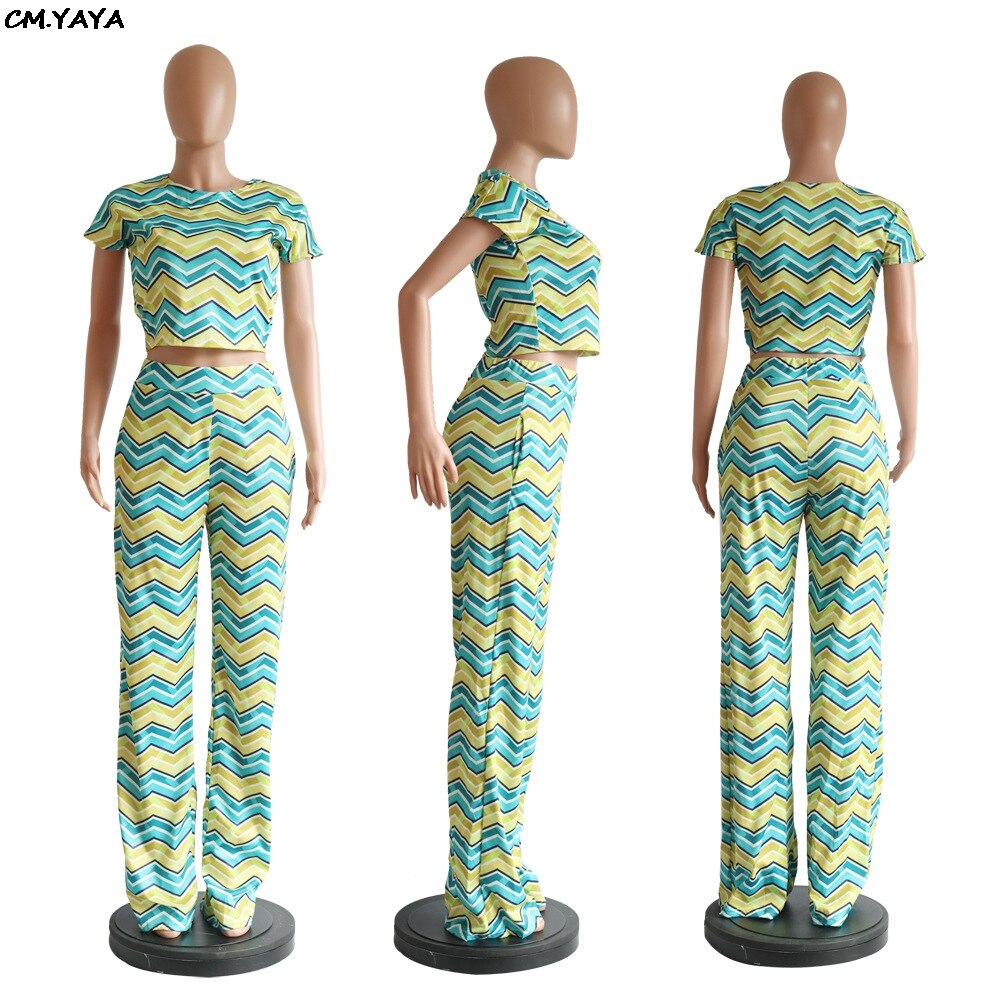 women summer wave striped camouflage print o-neck tee top straight pants suit two piece set tracksuit outfit GLPN6194