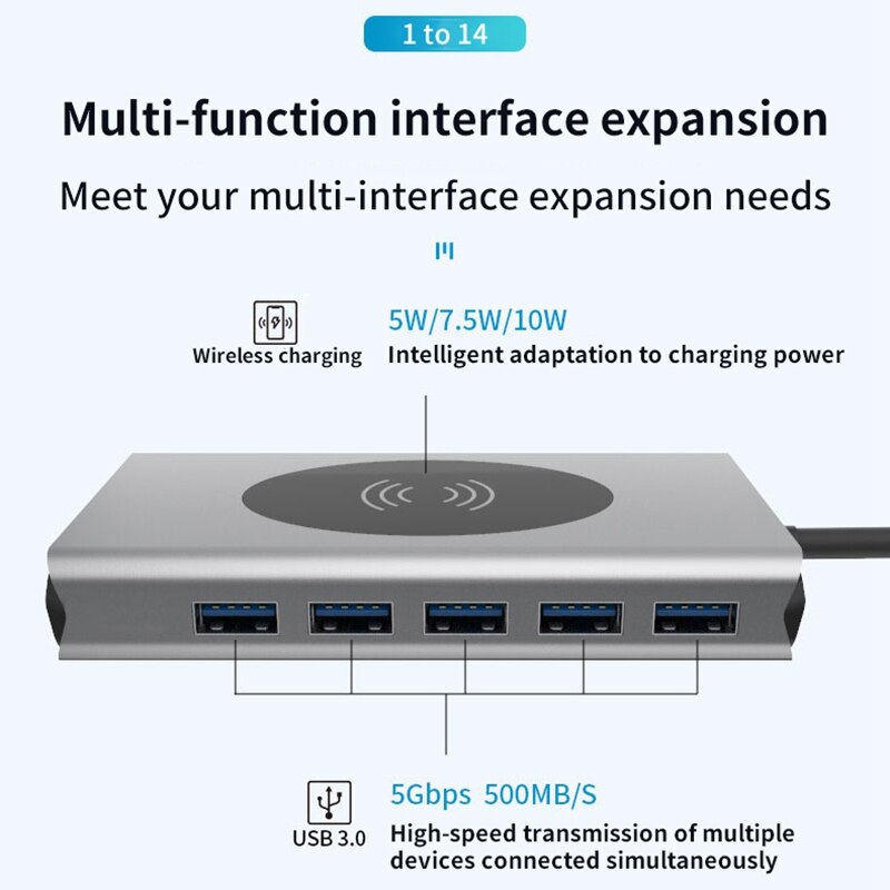14 in usb c-hub, dubbele hdmi  rj45 vga, draadloos opladen 1 usb-hub 3.0, adapterdock voor pro usb-splitter