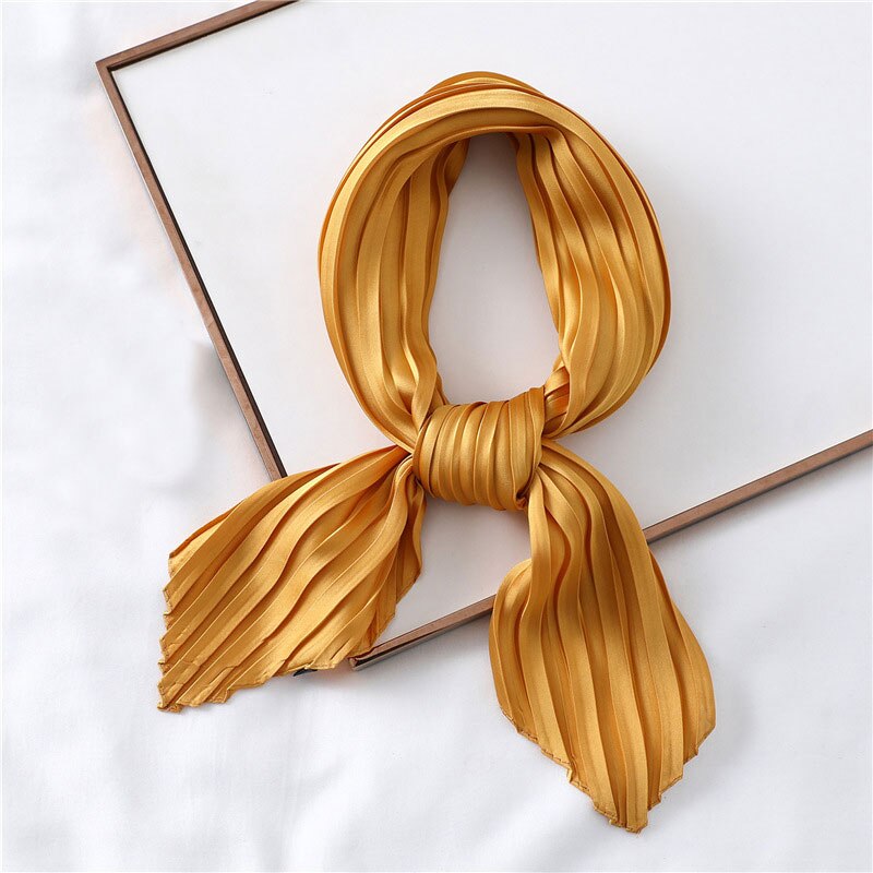 Silk Pleated Scarf Square Scarf For Women Small Scarves Soft Satin Neckerchief Decorative Headscarf Solid Hair Scarf Summer: Gold