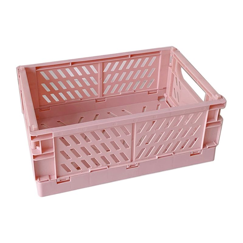 Collapsible Crate Plastic Folding Storage Box Basket Utility Cosmetic Container Desktop Holder Home Use: Pink