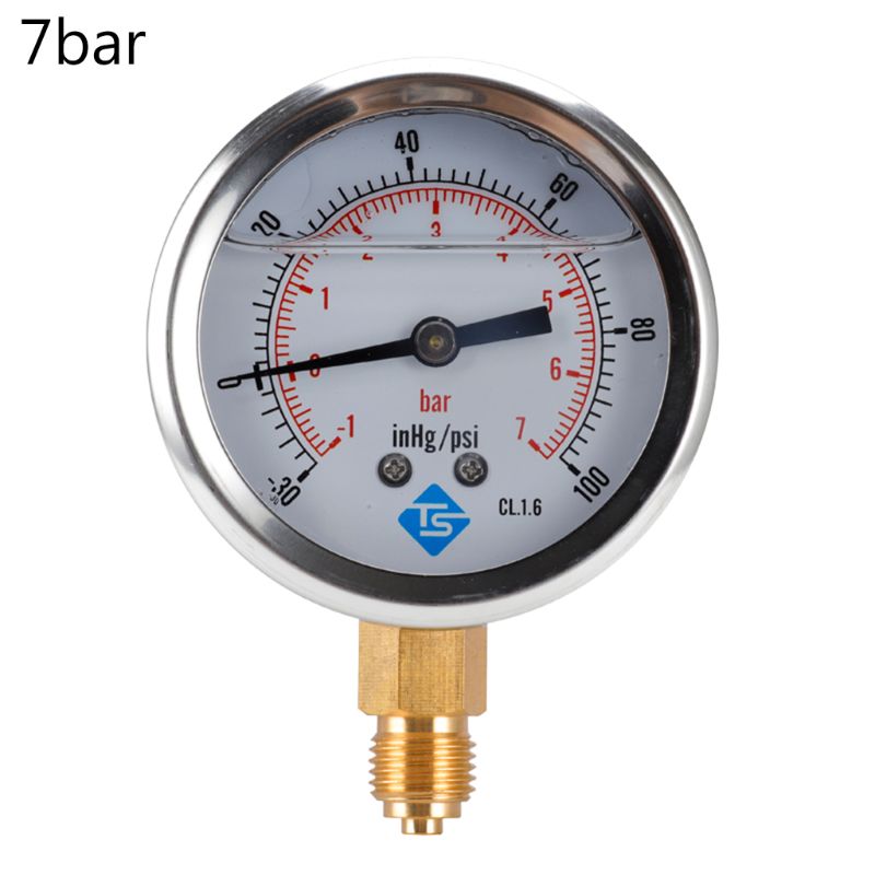 Compound Pressure Vacuum Gauge Glycerine Filled -1/10Bar & -30*Hg 1/4 BSP Bottom 19QB: -1-7bar