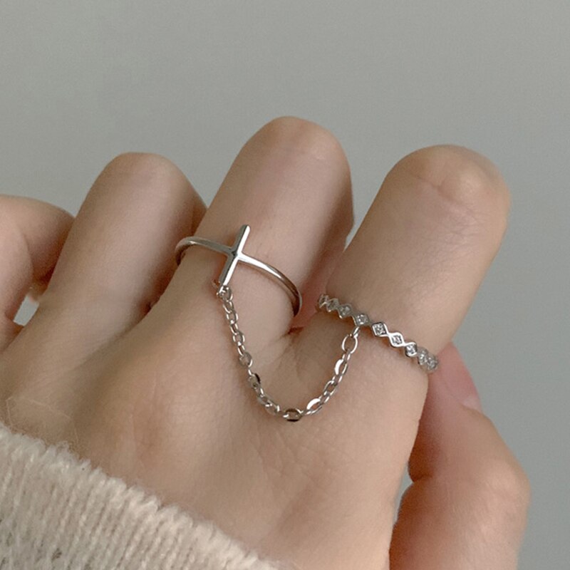 2 Stks/set Punk Lange Kwast Ketting Ringen Voor Vrouwen Hip Hop Mannen Zilver Kleur Hollow Geometrische Paar Ring Set Mode partij Sieraden: RI21Y0345