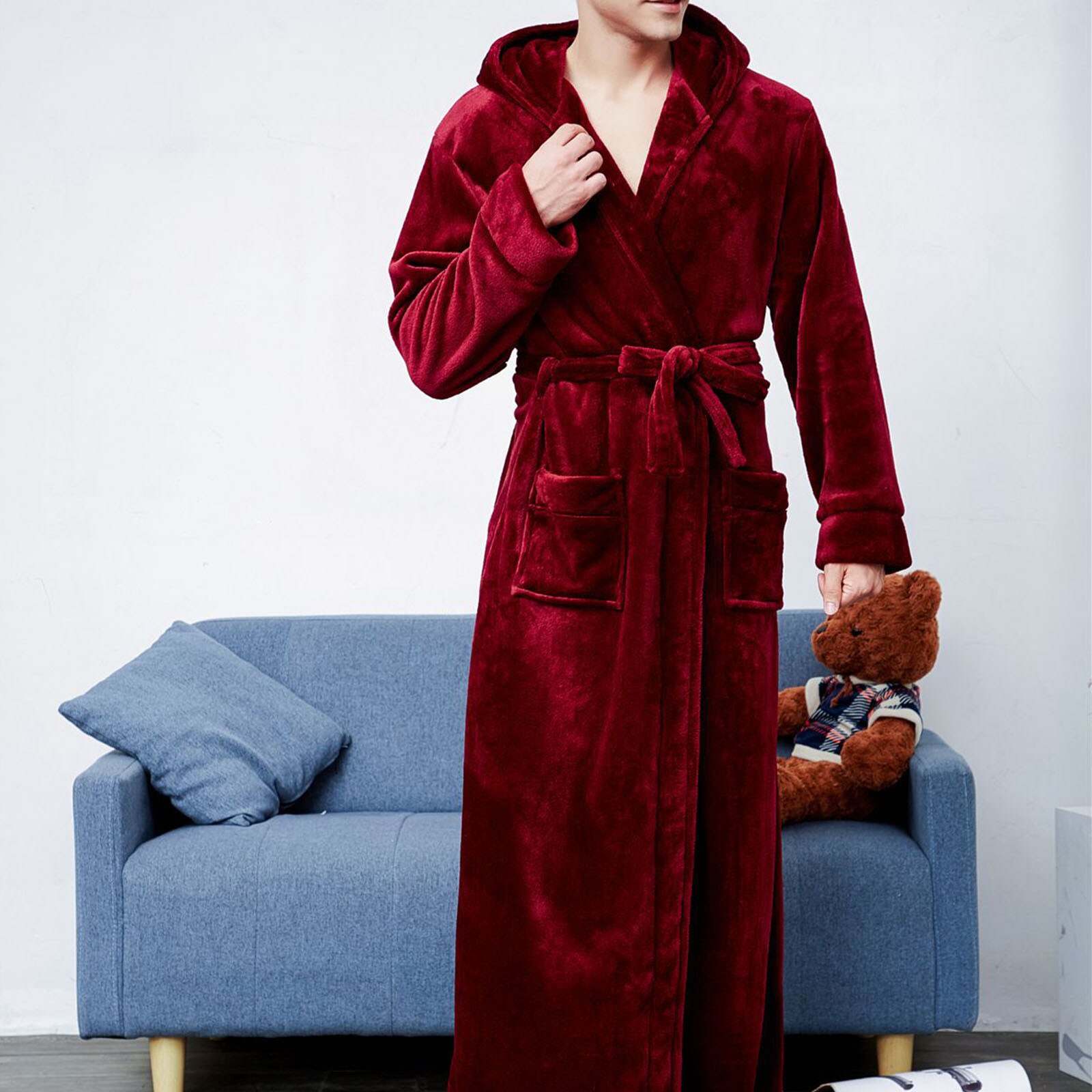 Chemise de nuit épaisse, pyjama en flanelle, couleur unie, revers, vêtements de maison, manches longues, à capuche, pour hommes et femmes: Wine  / L