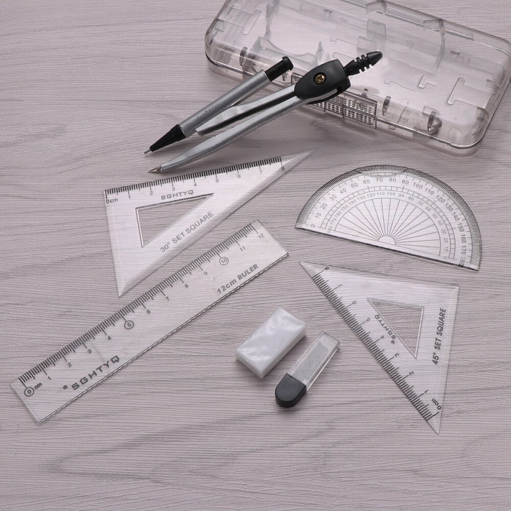Compasses Set Geometry Drawing Tool with Protractor Divider Ruler Pencil Lead Eraser