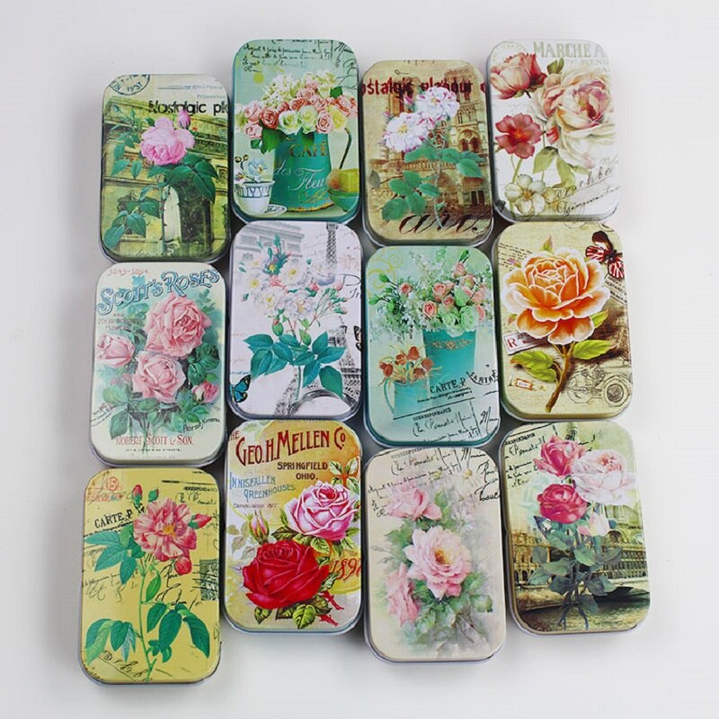 Mini caja de hojalata Vintage con estampado de flores para joyería, recuerdo de boda, caja de dulces de Metal, cajas de almacenamiento decorativas, para el hogar 1 unidad