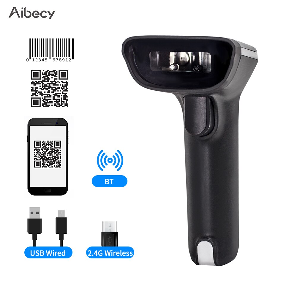 Aibecy 2.4G Wireless BT USB Wired Bar Code Reader Handheld 1D/2D/QR Barcode Scanner Support Two-Way Manual/Auto Scanning