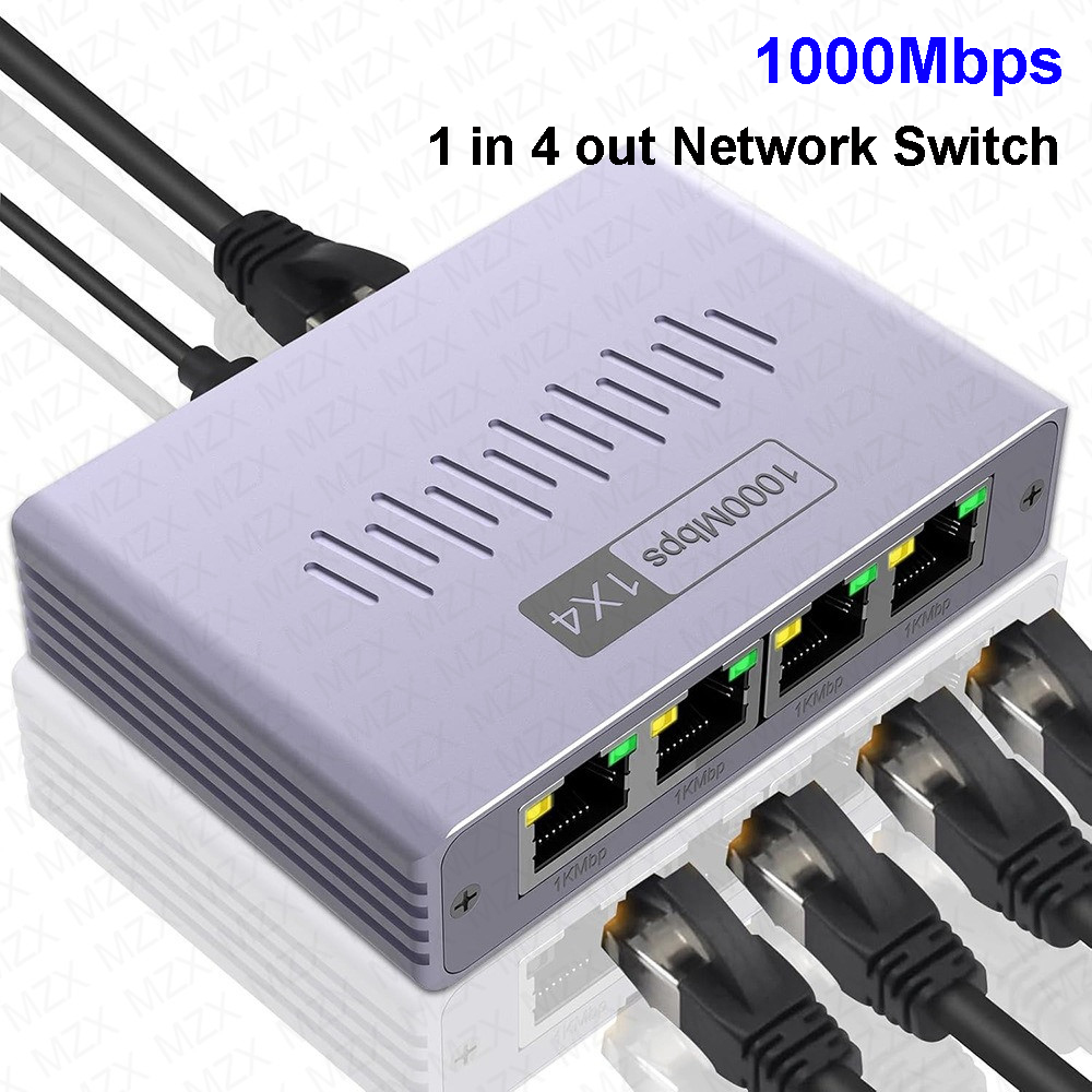 MZX 1-w-4-wyjściowy 1000M gigabitowy koncentrator sieciowy Przełącznik RJ45 Ethernet rozdzielacz Złącze 1000Mbps adapter PC Komputer Kot 6 7 8 Kabel: szary
