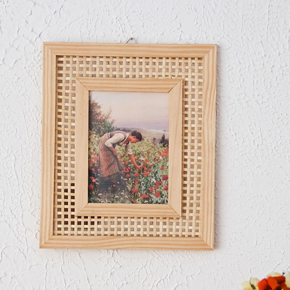 Cadre photo rectangulaire en bois naturel tissé, fait à la main, artisanat décoratif mural, support de bureau, nament moderne pour la maison