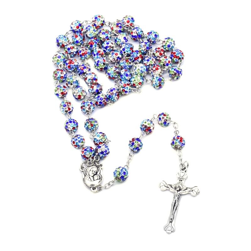 Crystal Cross Hanger Rozenkrans Kralen Collier Christelijke Religie Sieraden E5BB