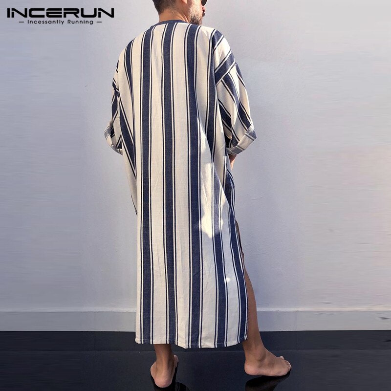 Incerun heren islamitische jubba thobe gestreepte vetersluiting losse lange mouwen gewaad zakken midden-oosten dubai kaftan heren islamitische arabische kaftan
