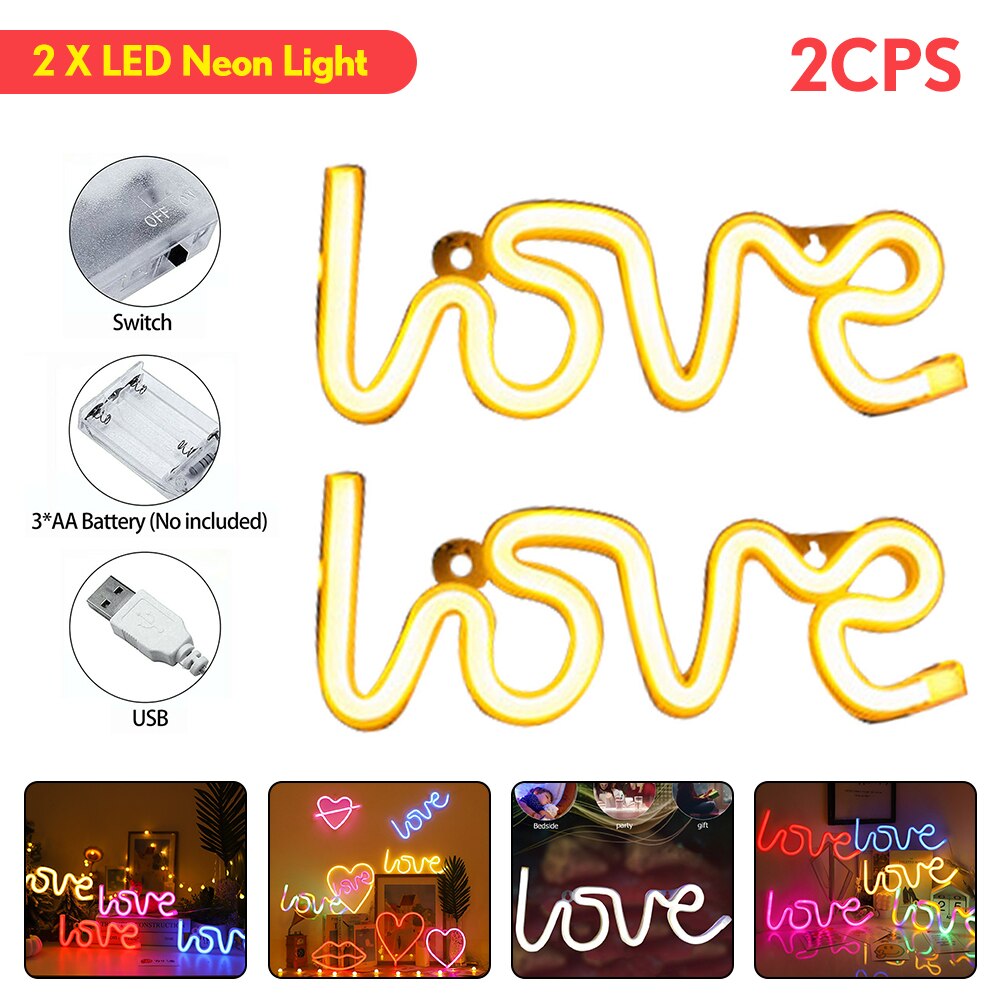 Romantic LOVE Letters LED Night Light USB Charging Home Decor Neon Lamp USB Charging battery box lamp Home led night lamp: 2PC Yellow
