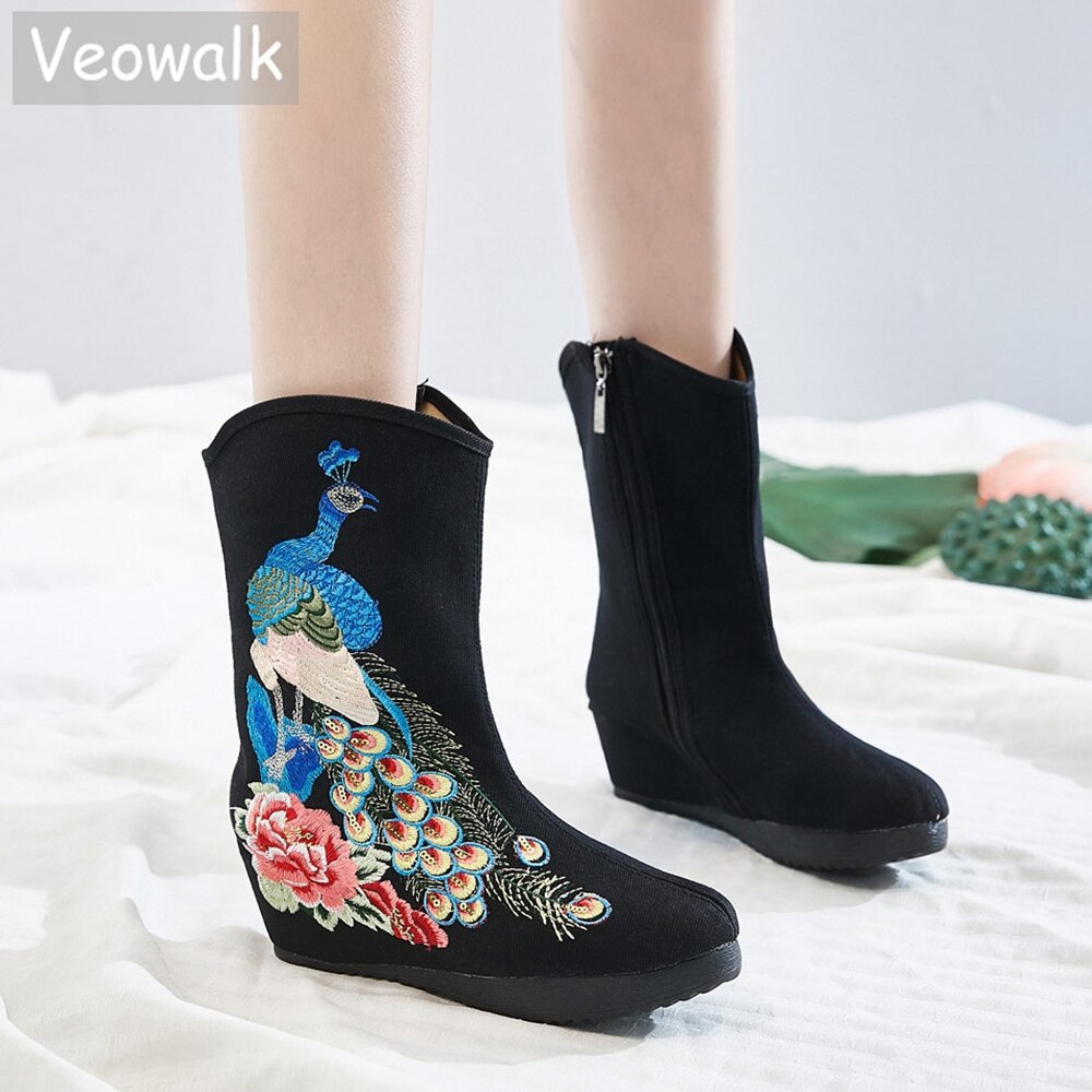 Veowalk Pailletten Pauw Geborduurde Vrouwen Katoen Korte Laarzen Verborgen Wedge Platform Comfortabele Herfst Schoenen Voor Dames