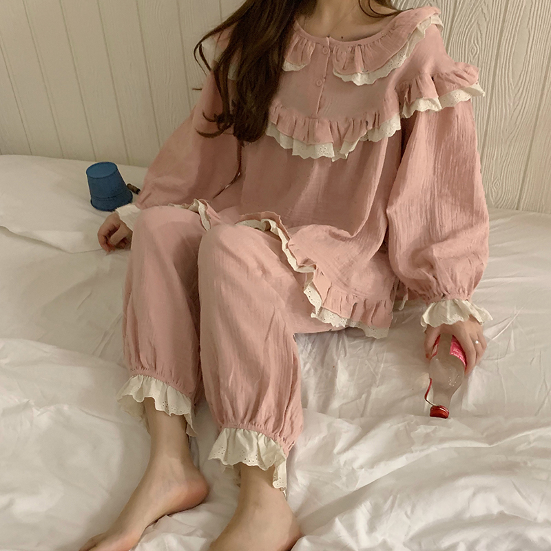 autumn winter cute cotton linen pajama set women home suit sleepwear long sleeve lacework pyjama pants trouser outwear 2pcs L337