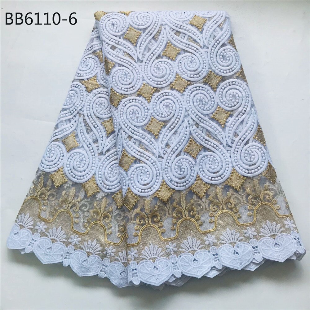 White and gold embroidered fabric African heavy lace fabric french net Heavy African 5 yards