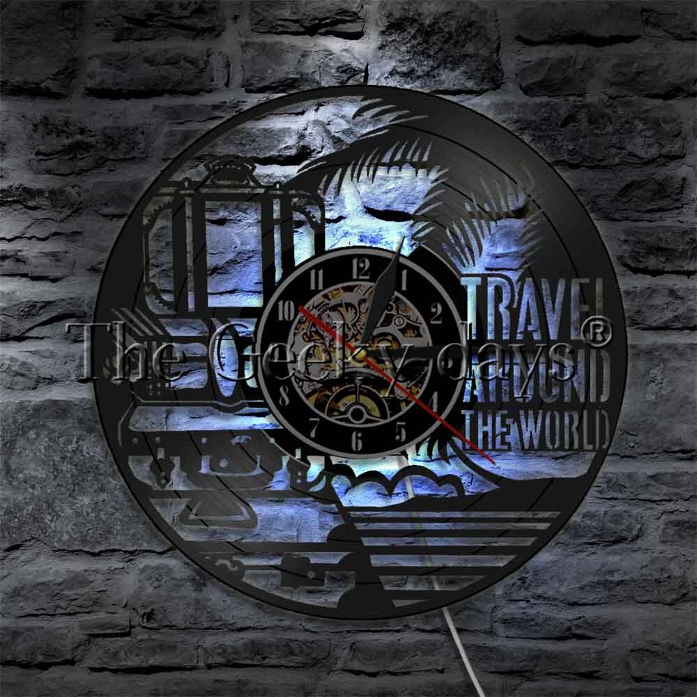 1Piece Travel Around The World Themed Vinyl Record Wall Clock World Wide Tours Led Wall Light Man Cave Bar Sign Contemporary