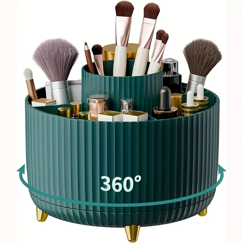 360° Rotating Makeup Organizer Makeup Holder Cosmetic Storage with 5 Compartments Multi-Functional Holder for Brushes Pen: green
