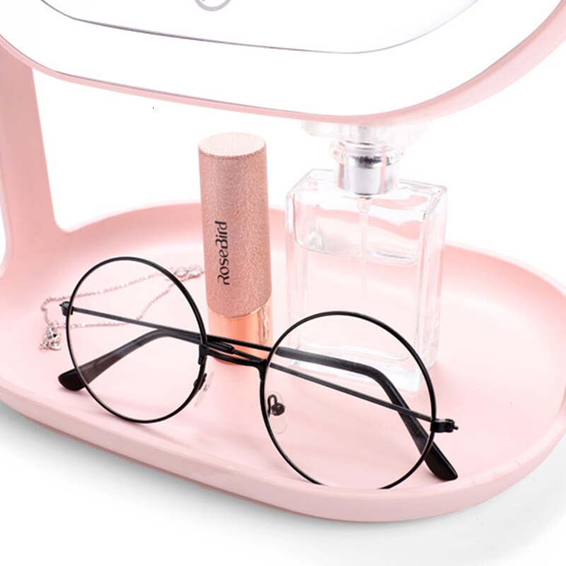 Commode rose miroir de maquillage Double face avec lumières 360 degrés rotation LED miroir de beauté Usb stockage de puissance miroir de gradation