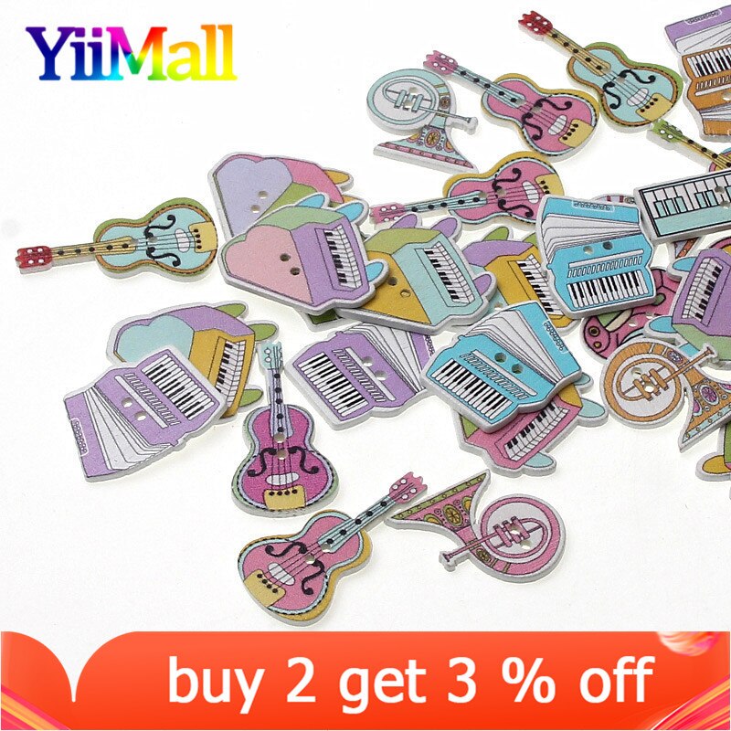 50pcs Mixed Musical Instrument Wooden Buttons For DIY Clothing Scrapbooking Crafts Botones Decoration Sewing Needlework Supply