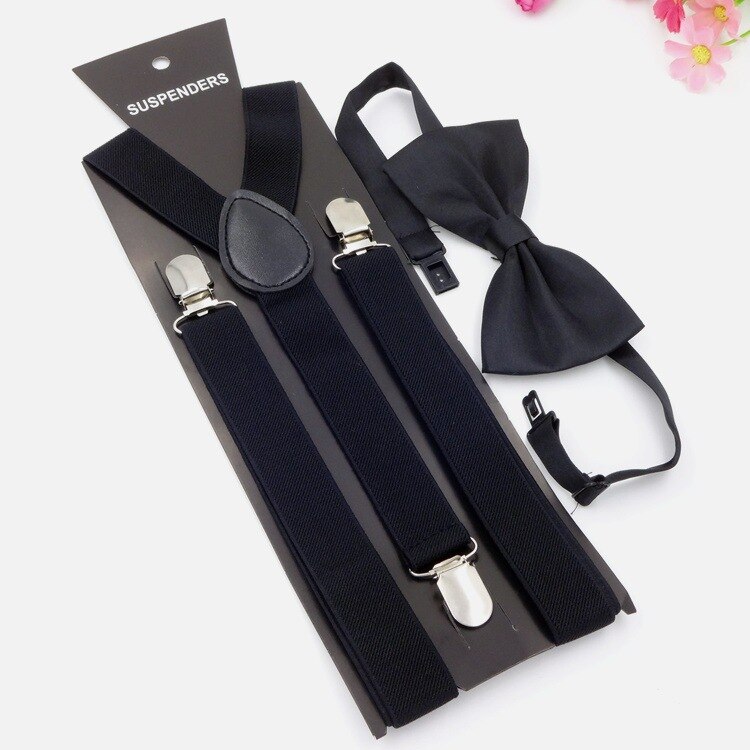 Effen Kleur Man Riem Bowtie Set Mannen Vrouwen Bretels Polyester Y-Back Bretels Twee Kleuren Strikje Verstelbare elastische: Black