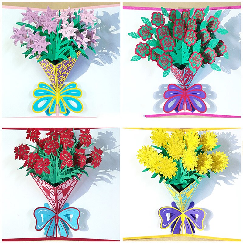 Carnation Flowers Bouquet Greeting Cards for Father Mother Birthday Card 3D Pop Up Cards Mothers Day Card I Love Mom