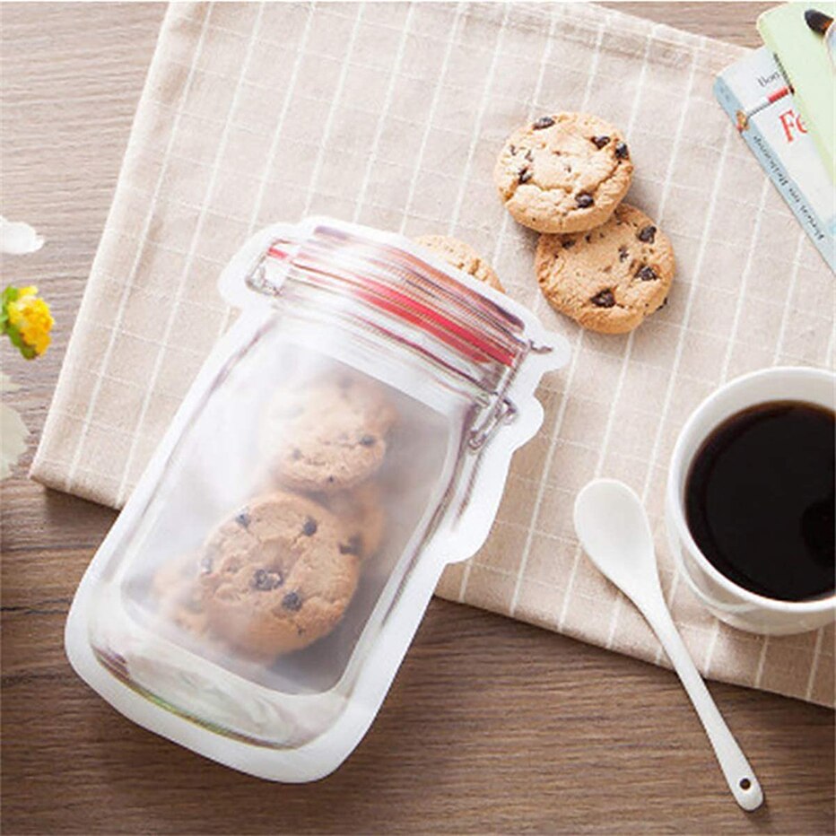 Mason Jar-bolsas de almacenamiento con forma de tarro, para aperitivos, galletas, dulces, frescas, con cierre y cremallera, organizador de pie