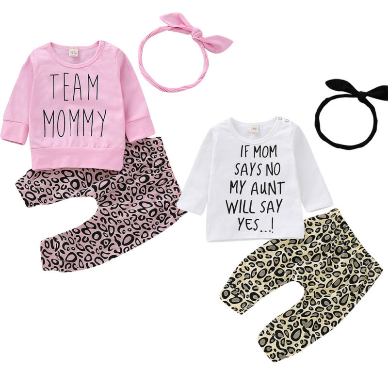 Newborn Baby Girls Set Clothes Print Letter Long Sleeve T Shirt Top+Leopard Pants Leggings Headband Outfit