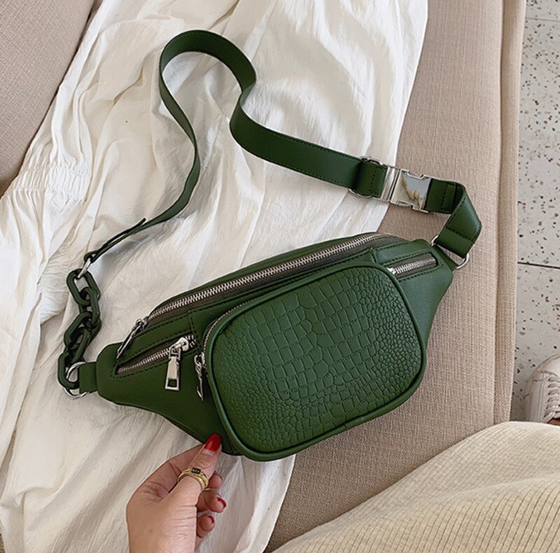 Stone Pattern PU Leather Chain Waist Bag Bananka Bag on A Belt Leisure Fanny Pack Women Satchel Belly Band Belt Bag: green