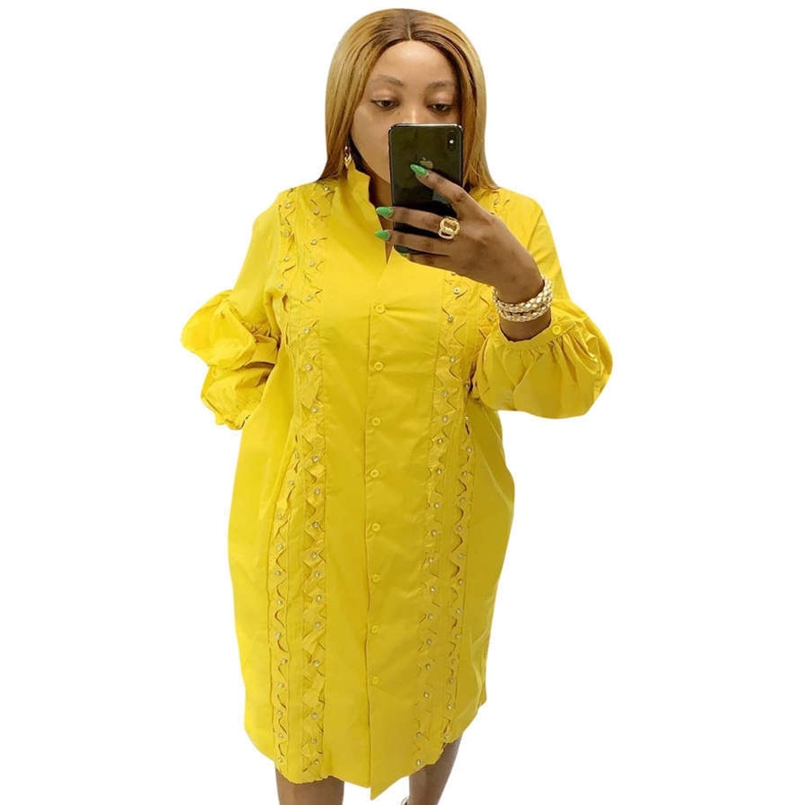African Dresses For Women Vetement Femme Yellow Africa Shirt Dress African Clothes Dashiki Ankara Dresses Ladies: YELLOW / S