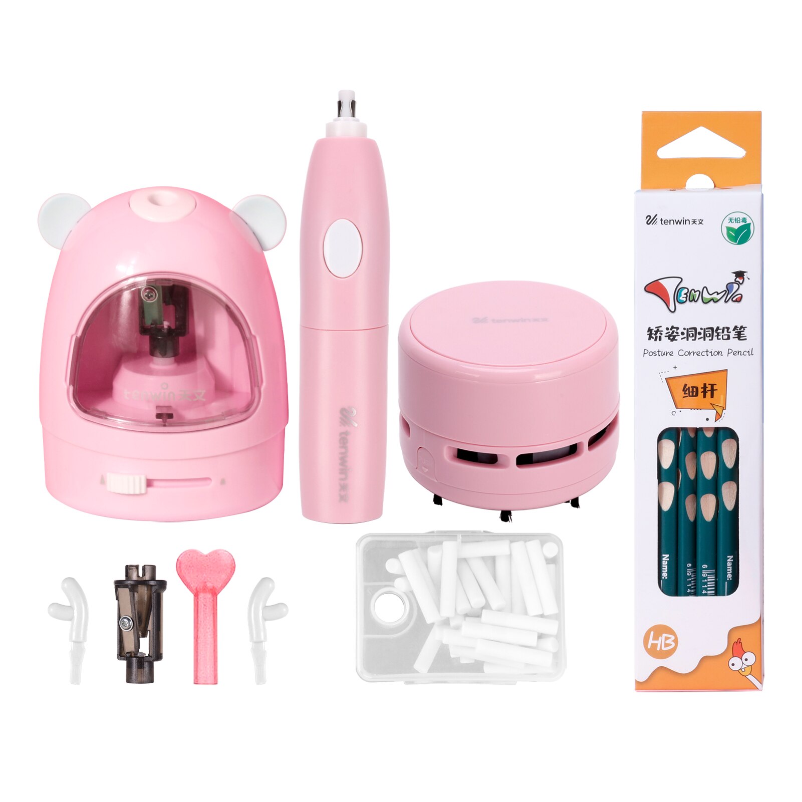 tenwin Electric Pencil Sharpener Eraser Vacuum Cleaner Set Stationery Set Battery Operated with 50 Eraser Refills for Kids: Pink