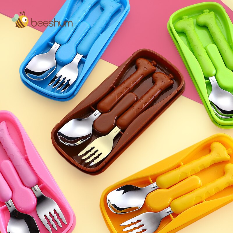 Beeshum Infant Feeding Spoon Fork Baby Gadgets Tableware Set Children Cartoon Utensil Stainless Steel Toddler Dinnerware Cutlery