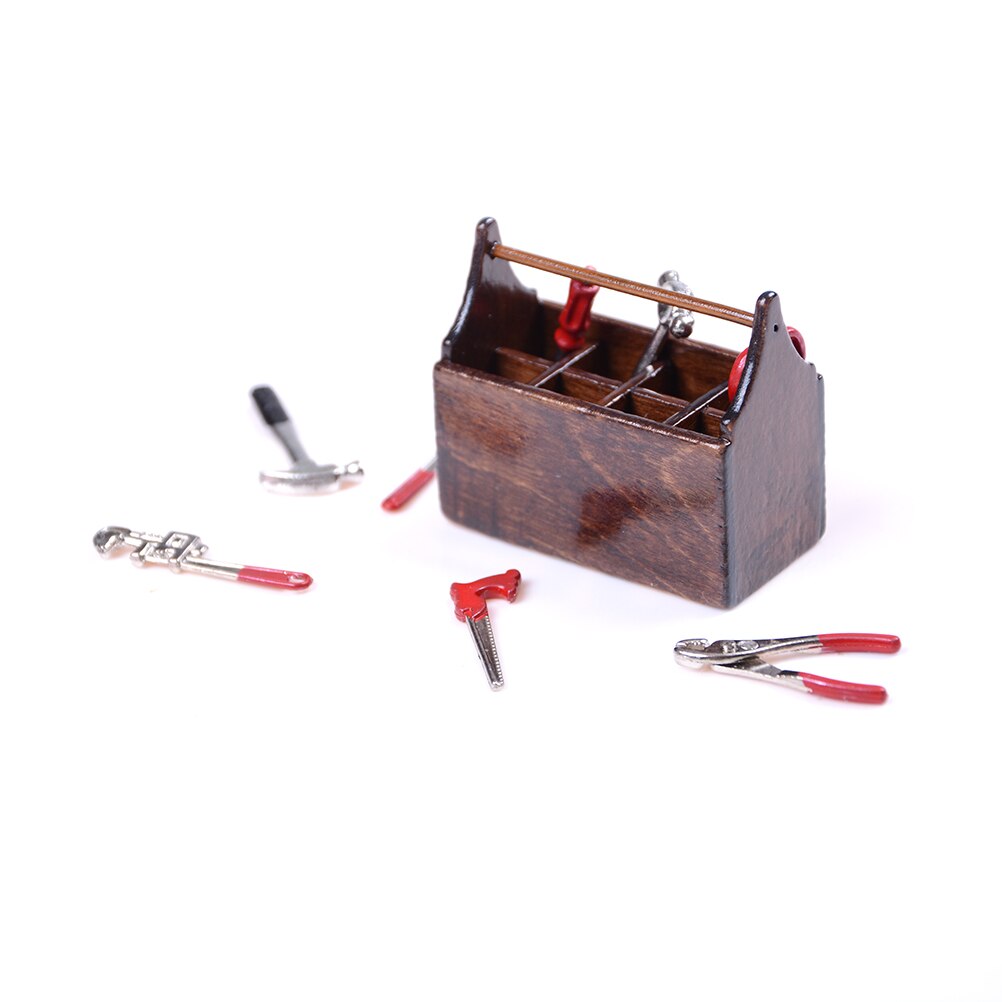 Wood 1/12 Dollhouse Miniature Wooden Toolbox with Metal Tools Set