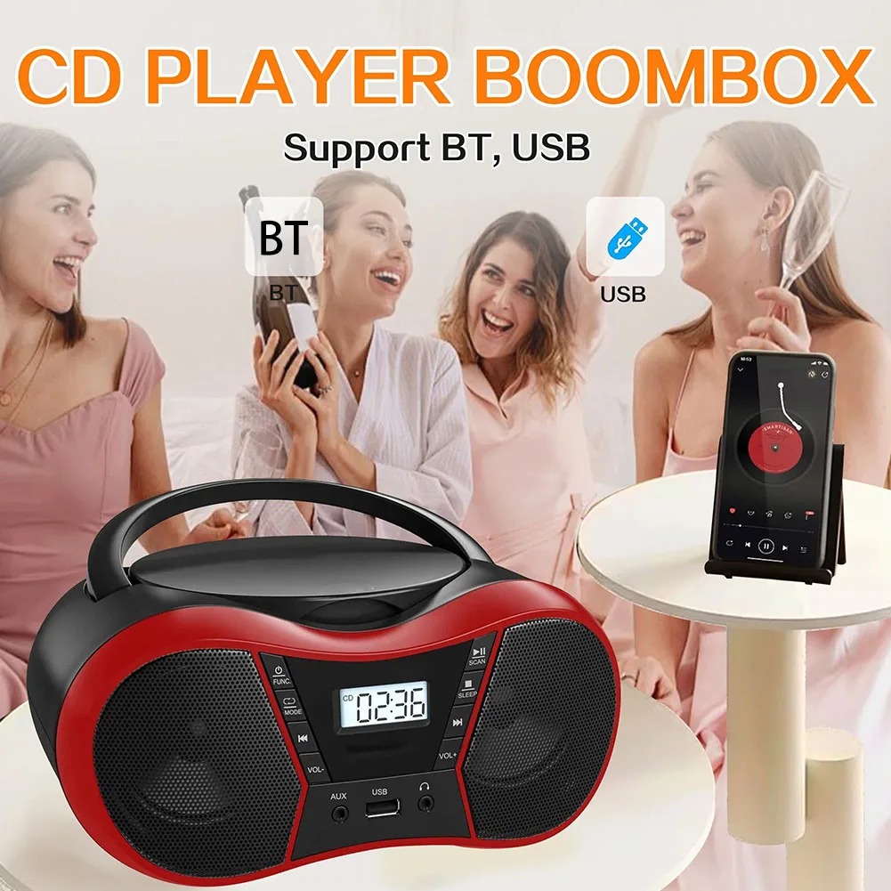 Kleiner Boombox-CD-Player, Kassette, AM, FM-Radio, Bluetooth-Lautsprecher, AUX, USB, MP3, spielt mit Fernbedienung, unterstützt AC/DC-betrieben