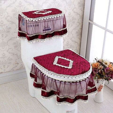 Asiento de inodoro de encaje para baño, cubierta de tanque de agua, Cubierta superior, juego de almohadillas de inodoro, cojín Protector de inodoro con estampado Floral de tres piezas: 3