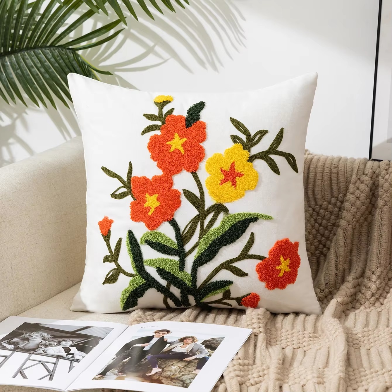 45X45CM Bloem Geborduurde Sierkussen Cover Plant Handdoek Moderne Stempelen Taille Kussenhoes Decor Home Decoratieve kussensloop: WHITE