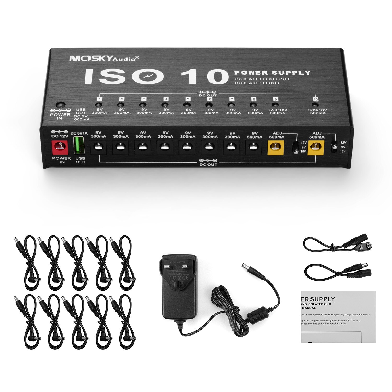 Mosky ISO-10 Gitaar Effect Voeding Station 10 Geïsoleerde Dc Uitgangen &amp; Een 5V Usb Uitgang Voor 9V 12V 18V Gitaar Effecten